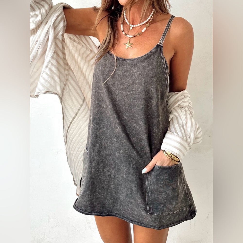 NWT Stone Acid Washed Ash Black Athletic Mini Dress with Built in Romper - Picture 6 of 9